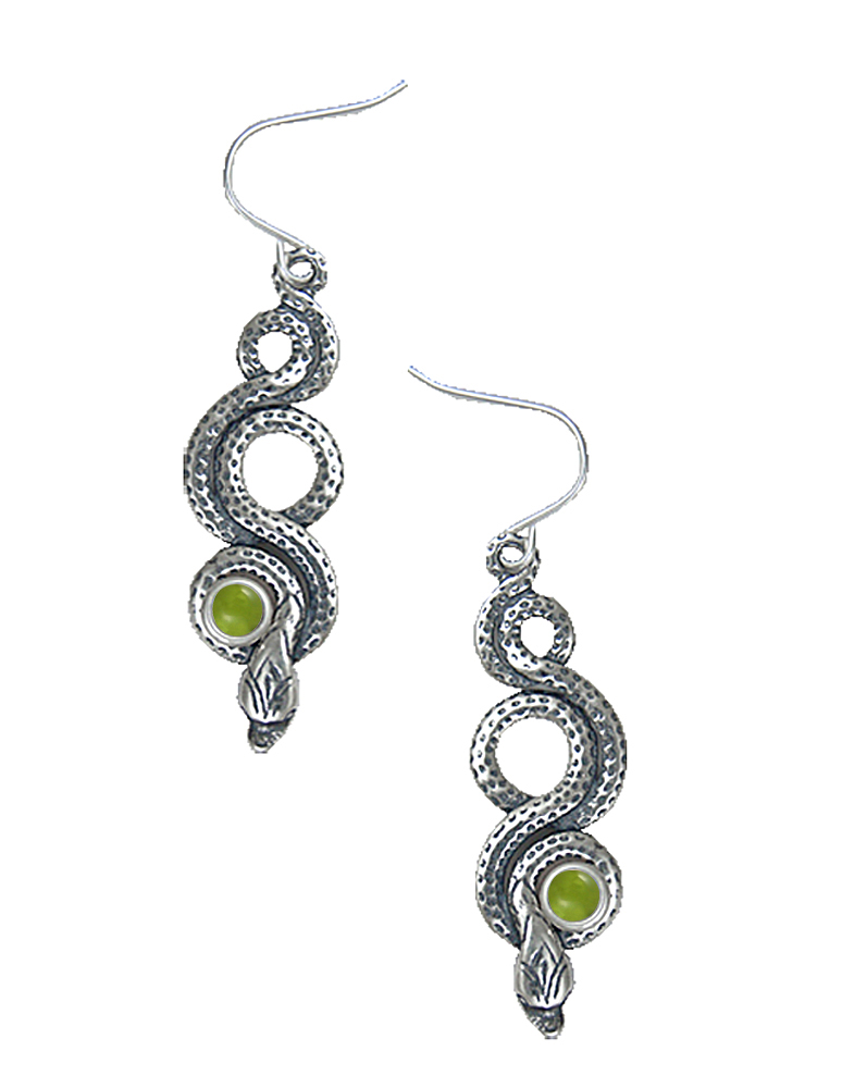 Sterling Silver Snake Drop Dangle Earrings With Peridot